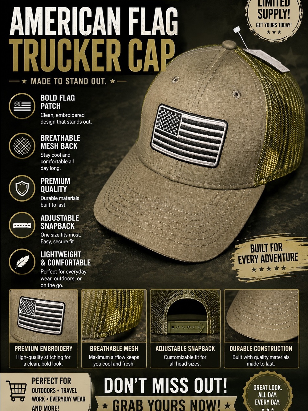 H3 Headwear American Flag Trucker Cap - Khaki with Olive Mesh